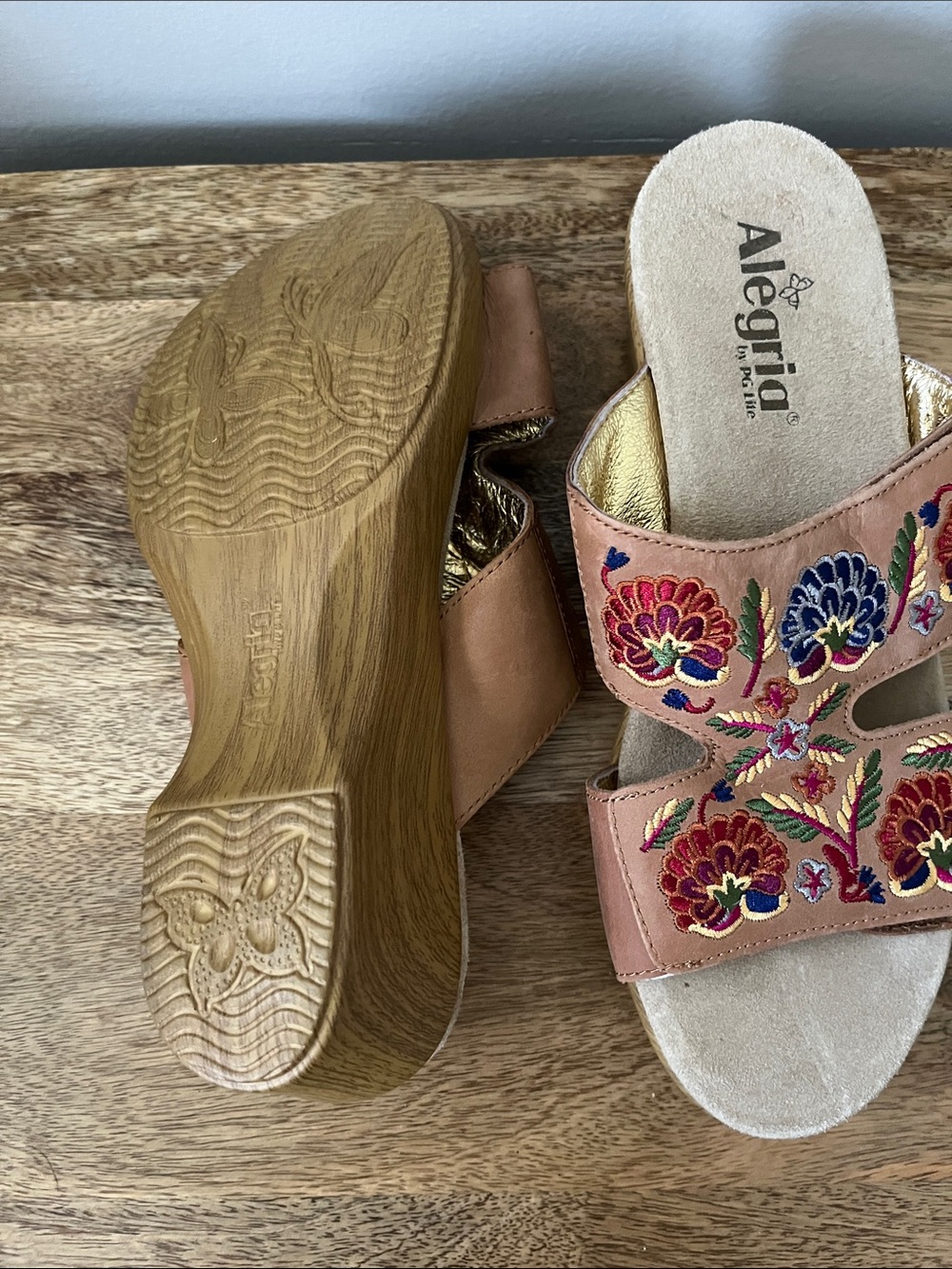 Alegria Embroidered Peach Slide Sandals with Multicolor Floral Accents - Picture 5 of 5